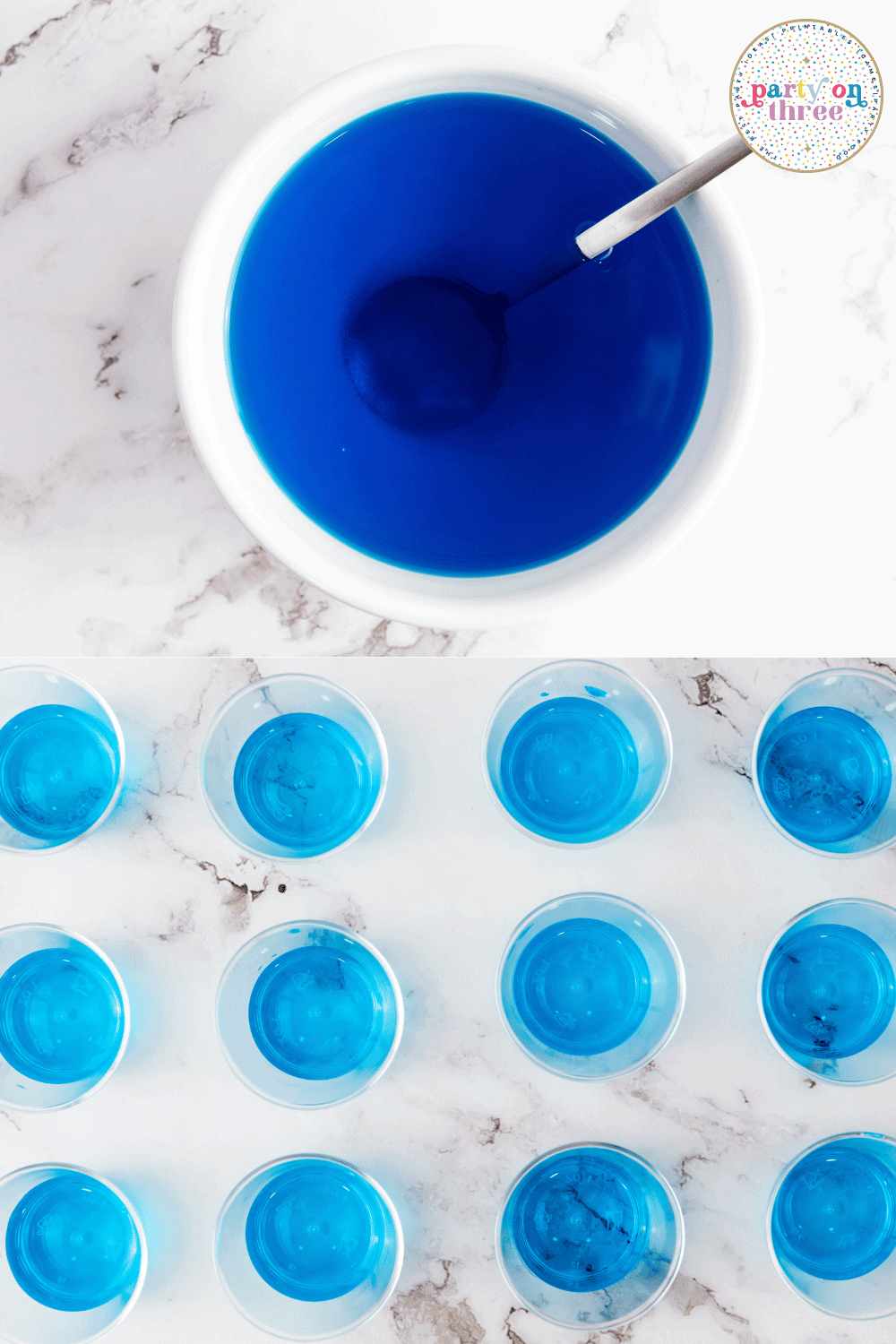 Blue Jello being mixed in a bowl and poured into individual plastic shot cups for the first layer of the patriotic Jello shots.