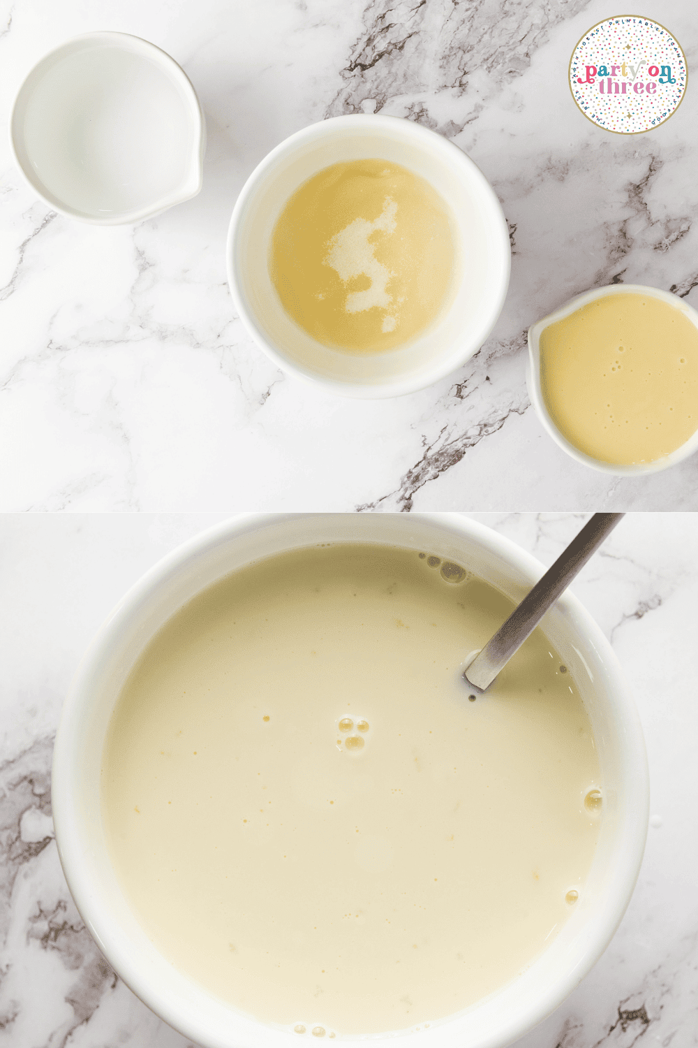 Unflavored gelatin blooming in water next to sweetened condensed milk, then fully mixed to create the creamy white layer of the Jello shots.