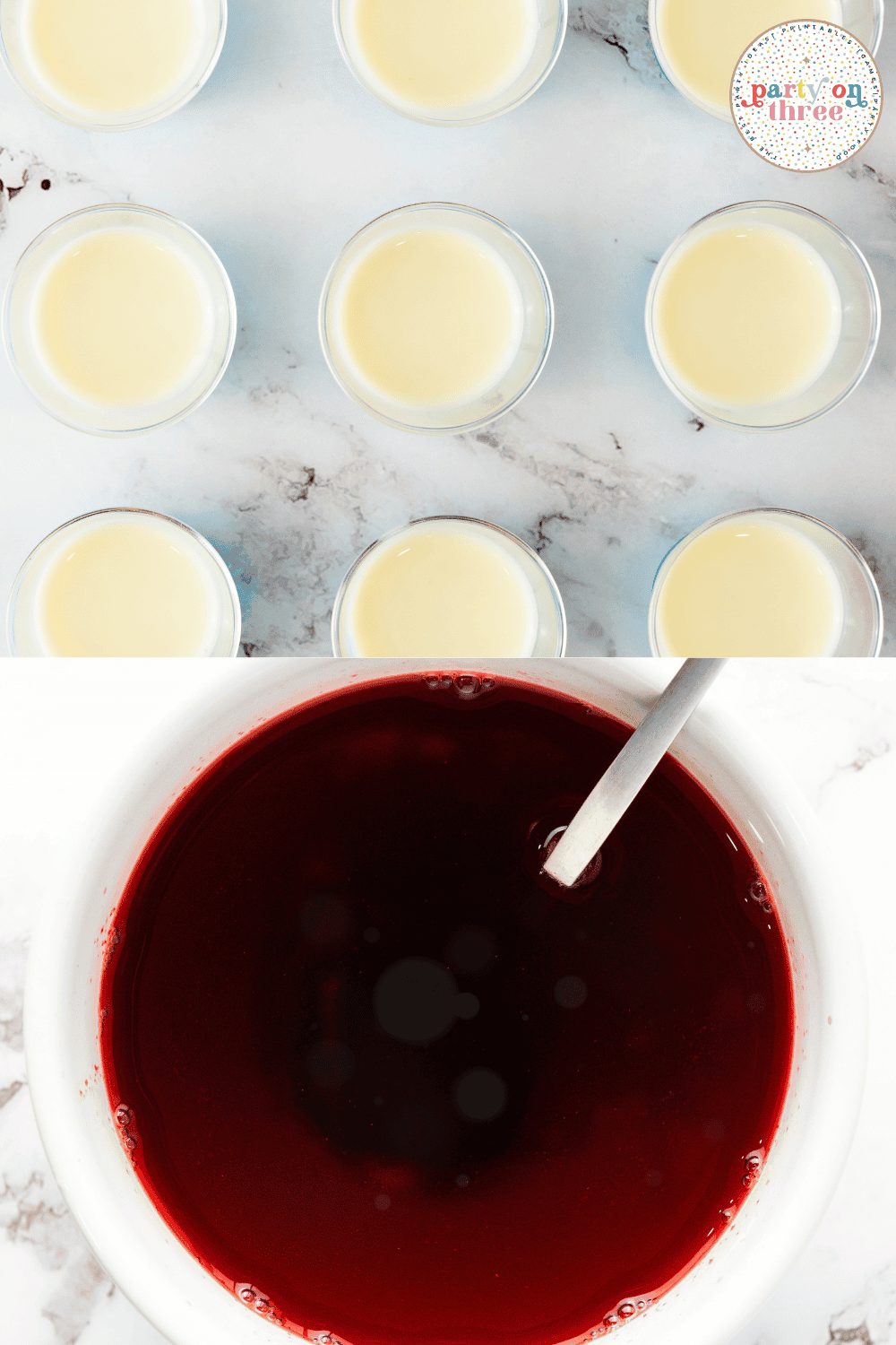 Middle white layer of the Jello shots set in cups, followed by a bowl of red Jello being prepared for the top layer.