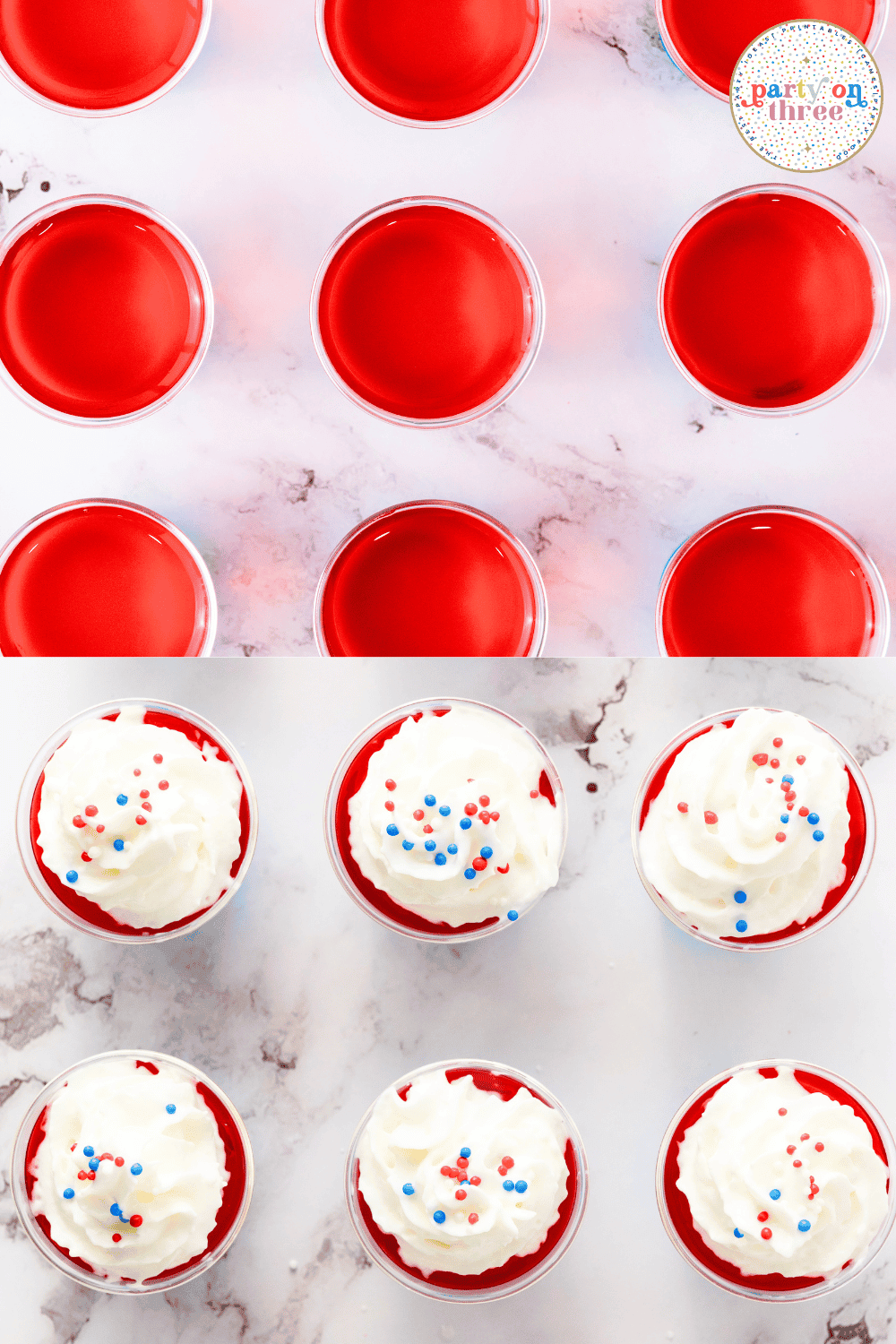 Top red layer of Jello set in shot cups and topped with whipped cream and patriotic sprinkles, completing the layered look.