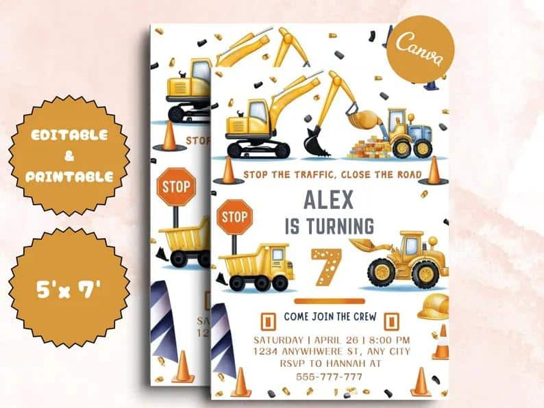 Alex is Turning 7 – Construction Party Invite