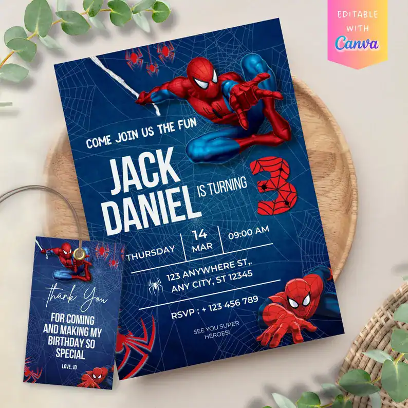Blue Spiderman 3rd Birthday Invite Set