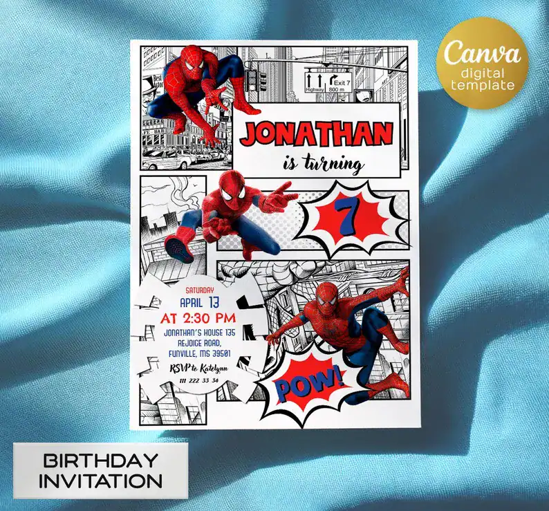 Comic Panel Spiderman 7th Birthday Invite