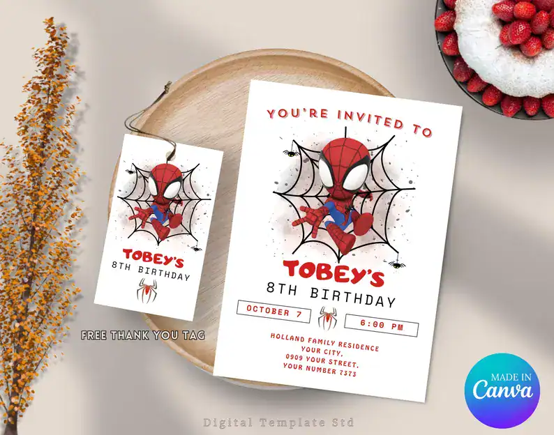 Cute Spiderman 8th Birthday Invite