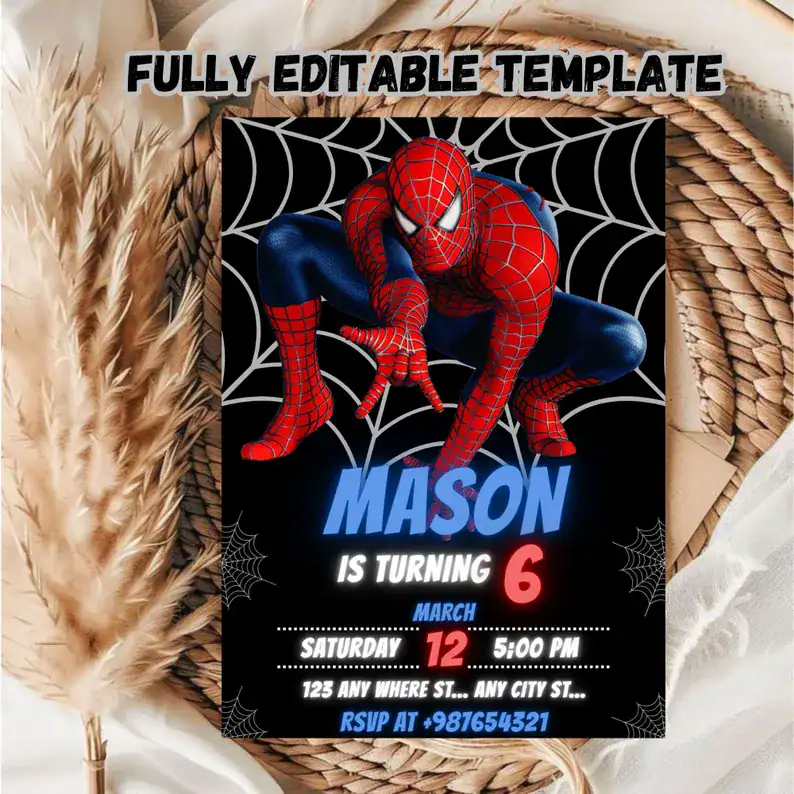 Editable Spiderman 6th Birthday Invitation