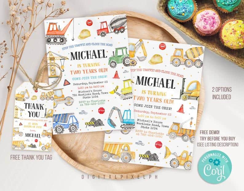 Editable Yellow Construction Invites