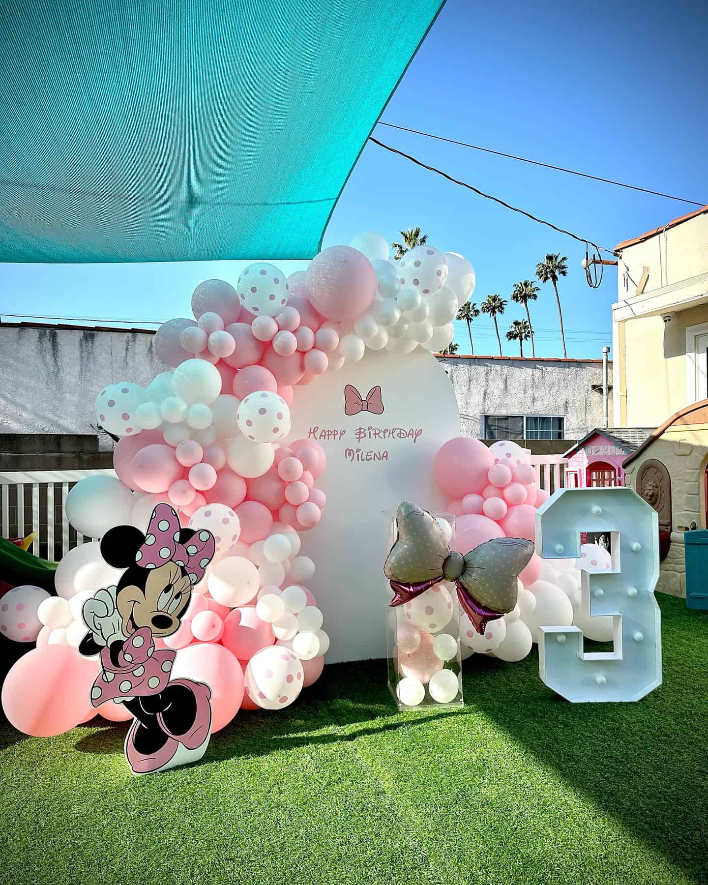 Pastel Minnie Birthday Backdrop and Balloons
