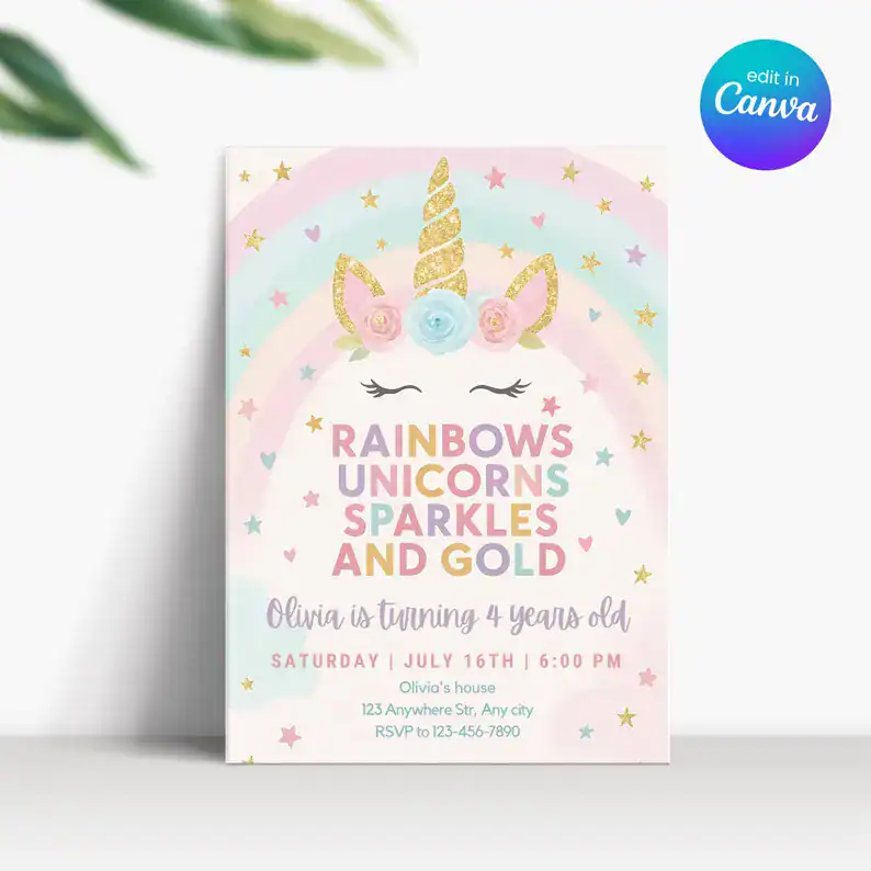 Unicorn Invitation Sparkles and Gold