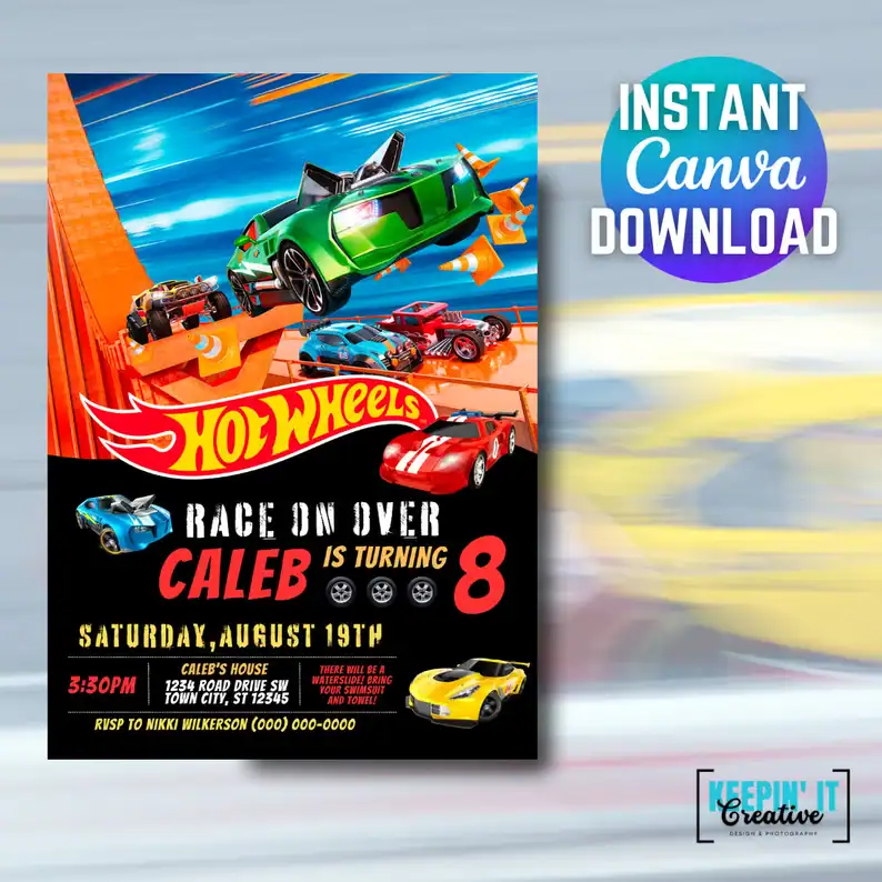 Colorful Hot Wheels Party Invitation Template