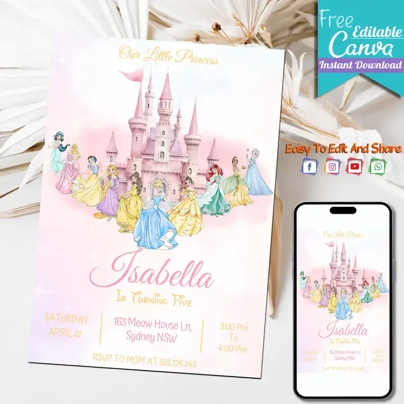 Editable Pink Castle Invitation