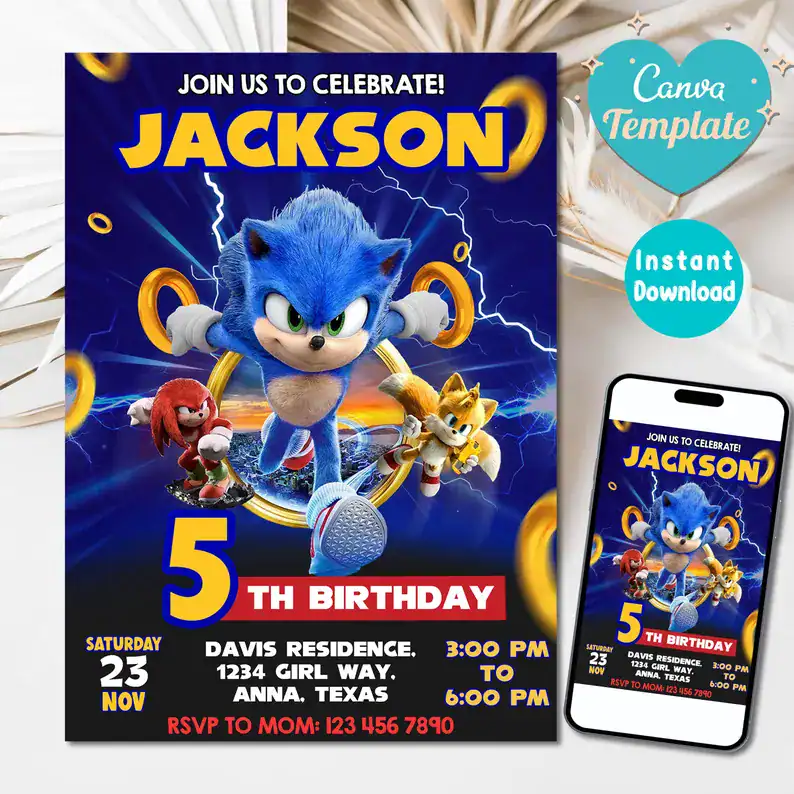 Editable Sonic Canva Birthday Invitation