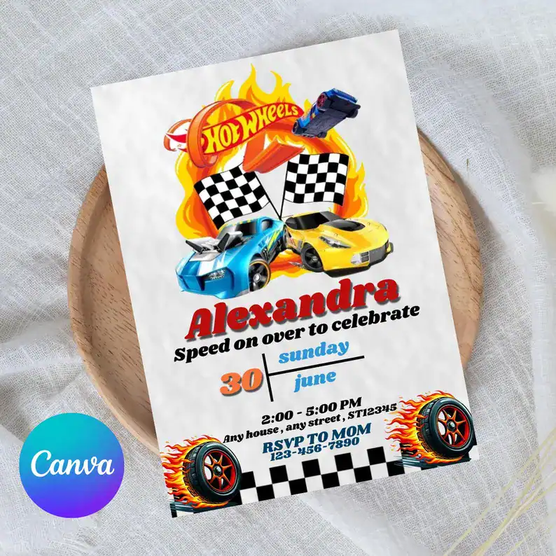 Flaming Hot Wheels Birthday Invitation for Alexandra