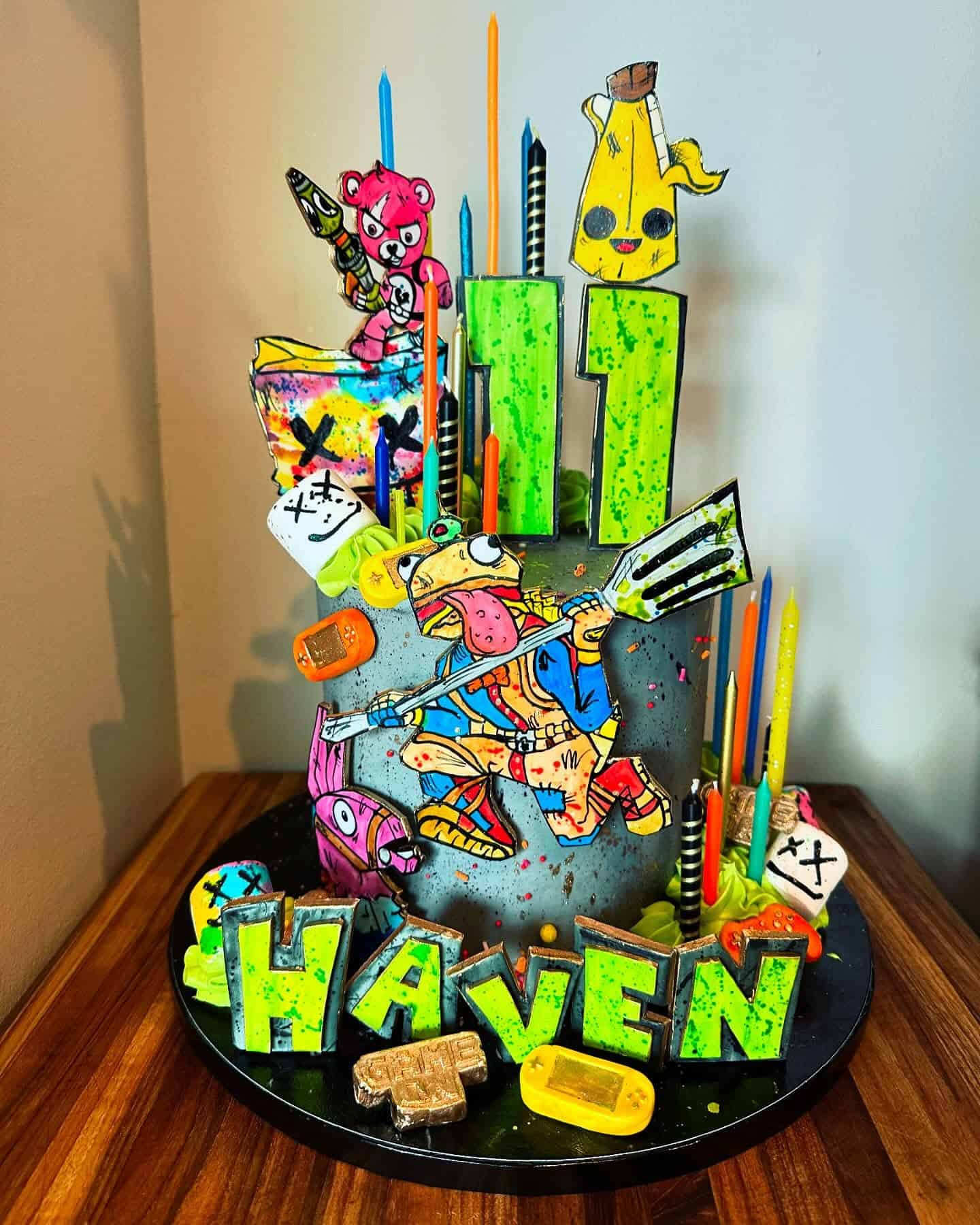 Fortnite 11th Birthday Cake in Cartoon Style