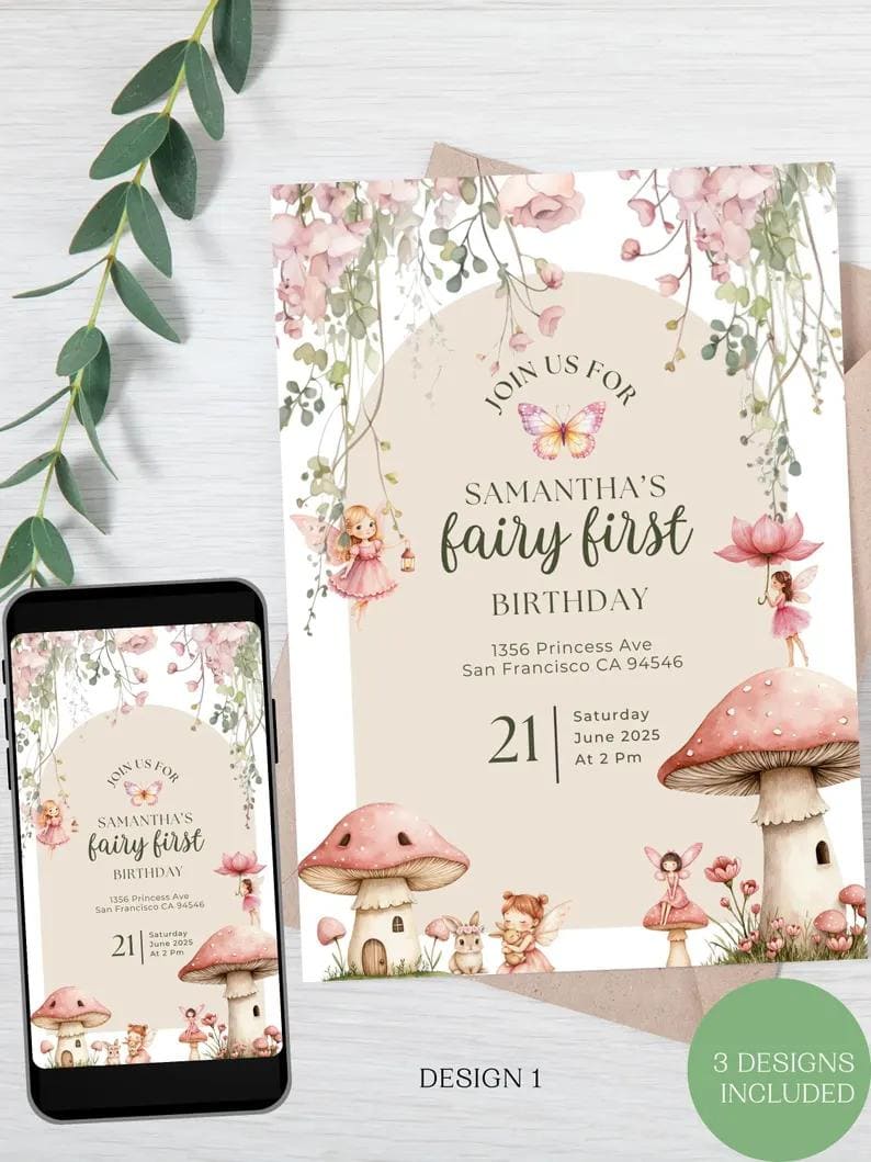 Mushroom Cottage Fairy Birthday Invitation