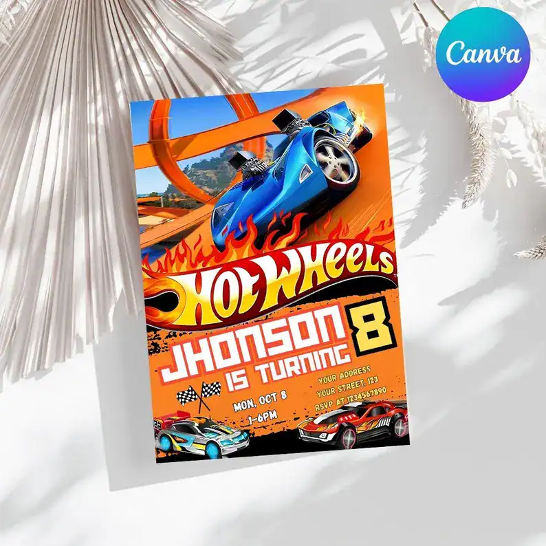 Orange and Blue Hot Wheels Birthday Invitation Design