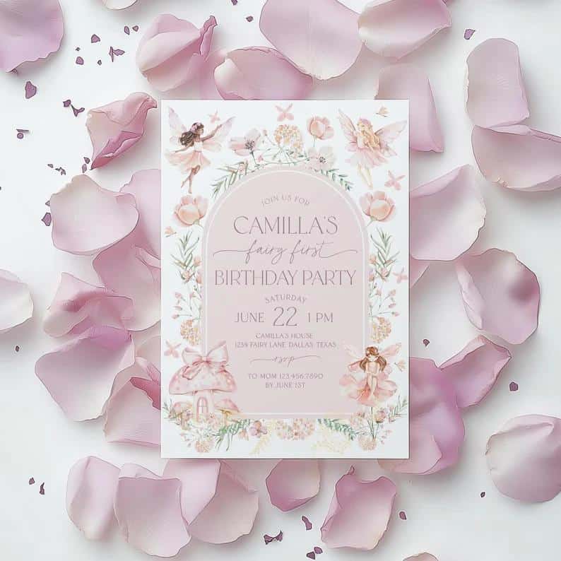 Pink Floral Frame Fairy Birthday Invite