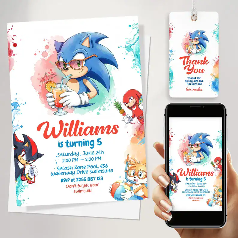 Pool Party Sonic Birthday Invitation