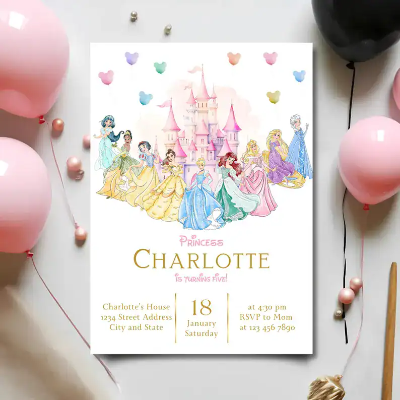 Princess Birthday Balloons Invite