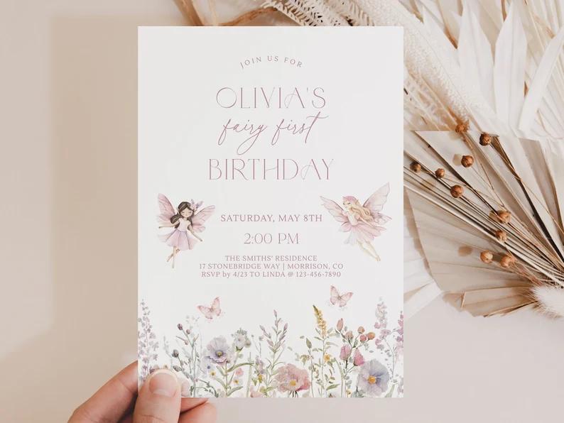 Soft Fairy-Themed Birthday Invitation Card