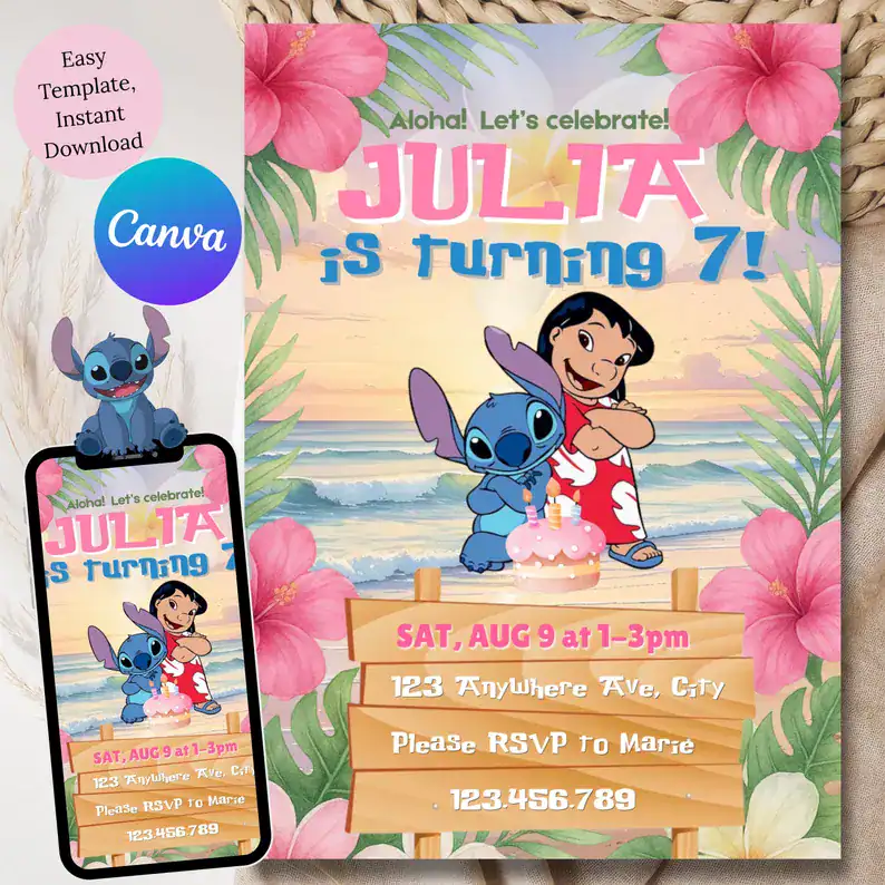 Beach Sunset Stitch Invitation – Julia's 7th Birthday