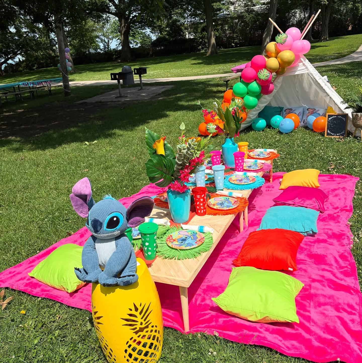 Colorful Outdoor Lilo and Stitch Picnic Setup
