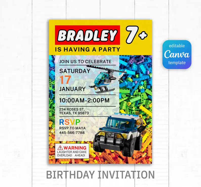 Lego Birthday Invitation Rainbow Bricks