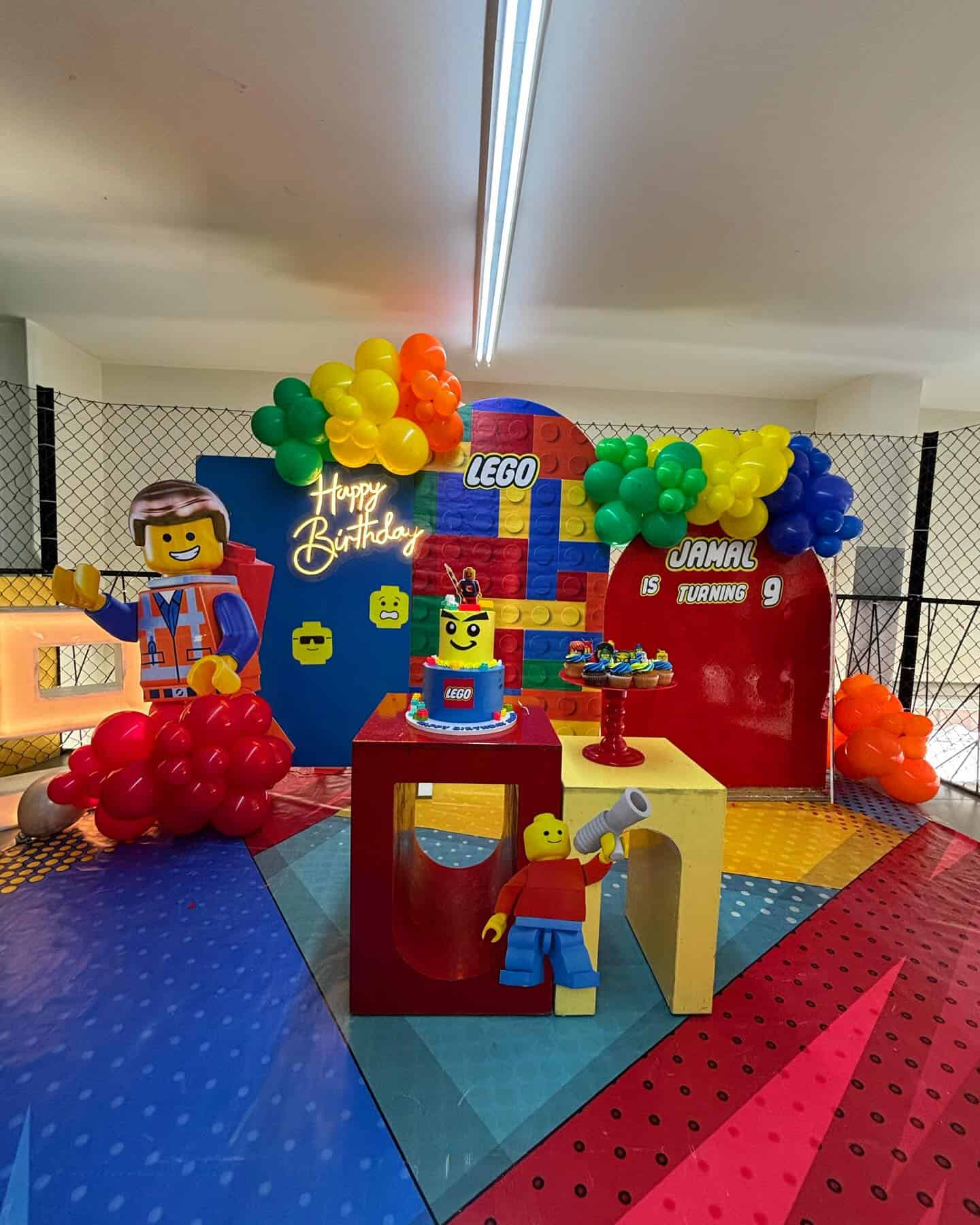 Lego Birthday Party Stage Setup with Cake