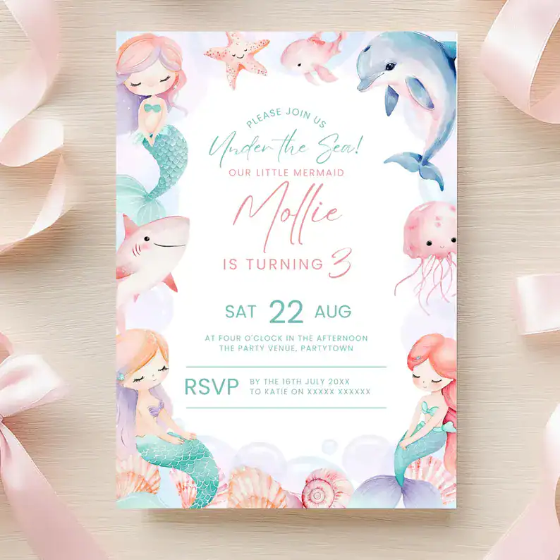 Mermaid Under the Sea Birthday Invite