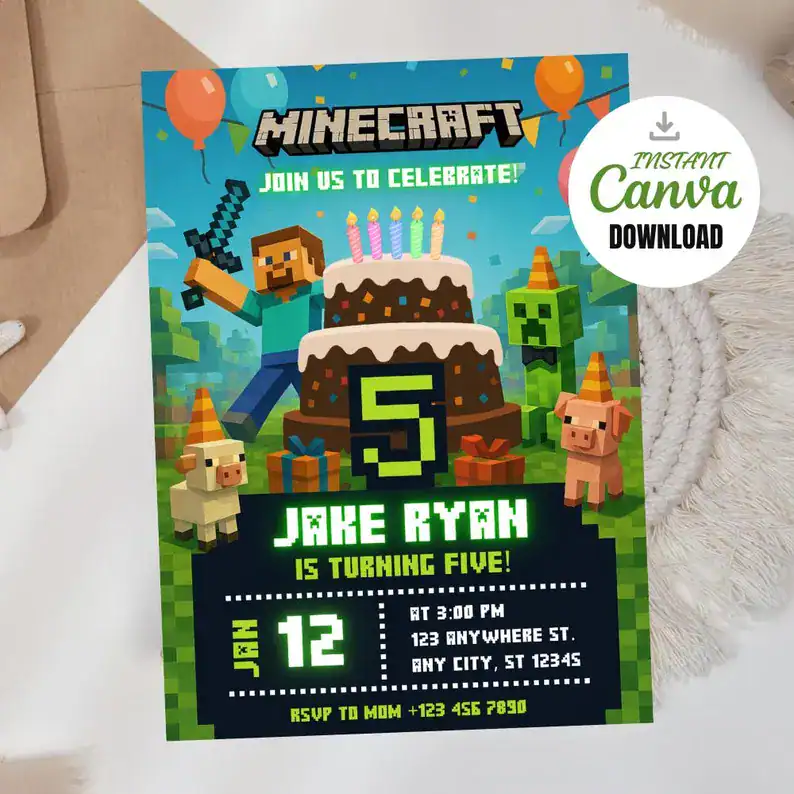 Minecraft Birthday Invitation: Jake Ryan Is Turning Five