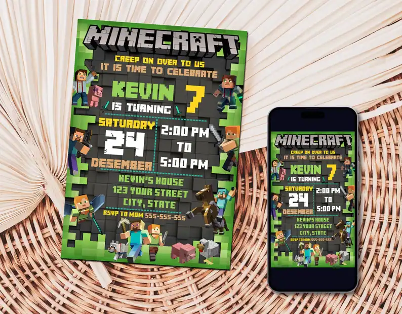 Minecraft Birthday Invitation: Kevin Is Turning 7