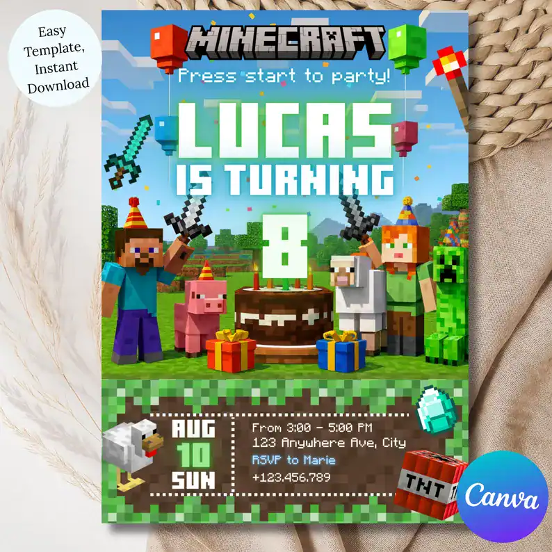 Minecraft Birthday Invitation: Lucas Is Turning 8