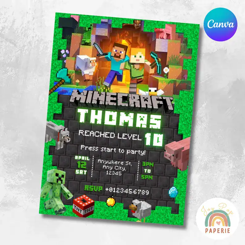 Minecraft Birthday Invitation: Thomas Reached Level 10