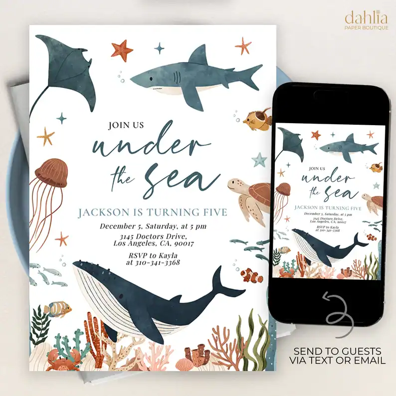 Modern Shark and Whale Birthday Invite