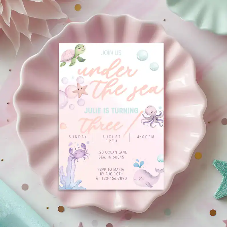 Pastel Ocean Theme 3rd Birthday Invite