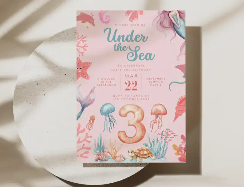 Pink Mermaid 3rd Birthday Invitation