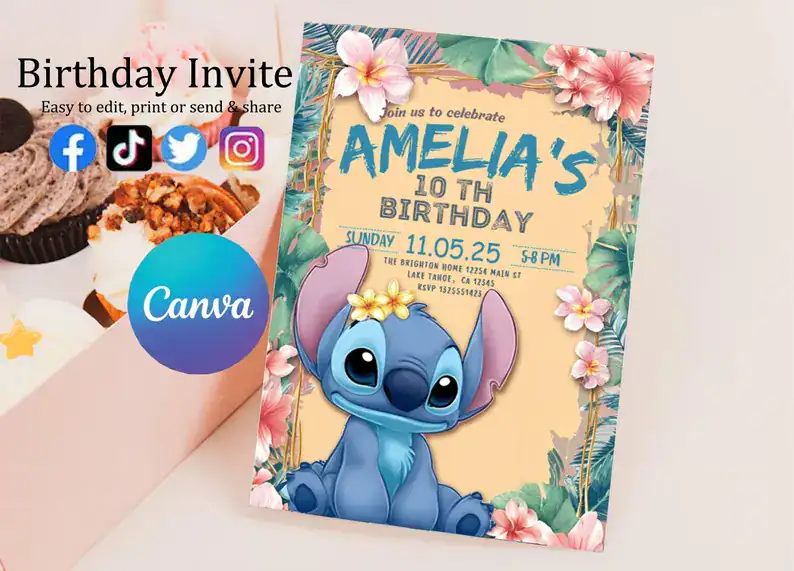 Editable Stitch Birthday Invitation – Amelia's Invite