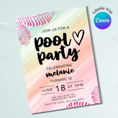 Girly Watercolor Pool Party Invitation - Editable Canva Template