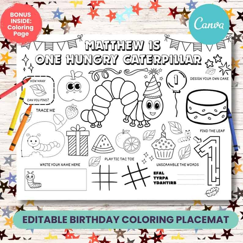 Very Hungry Caterpillar Editable Coloring Placemat for First Birthday