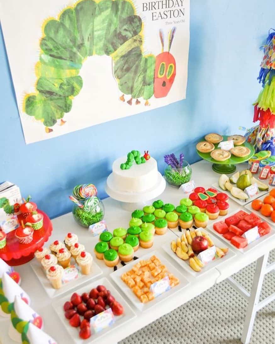 Very Hungry Caterpillar Dessert Table with Fruit and Cupcakes