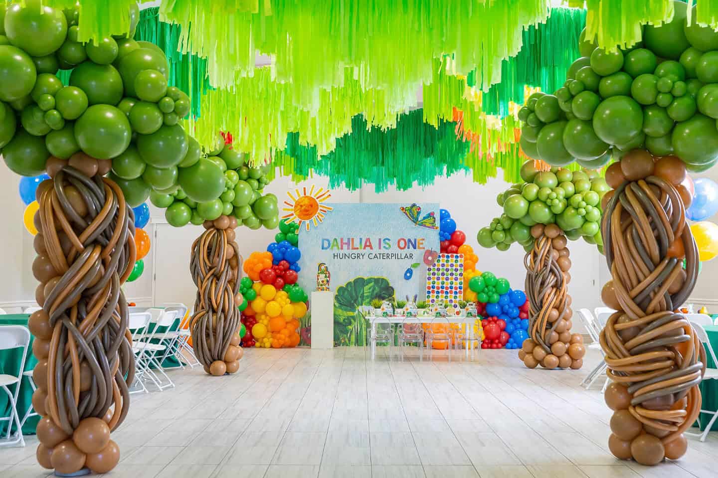 Very Hungry Caterpillar Balloon Arch With Twisted Tree Trunks