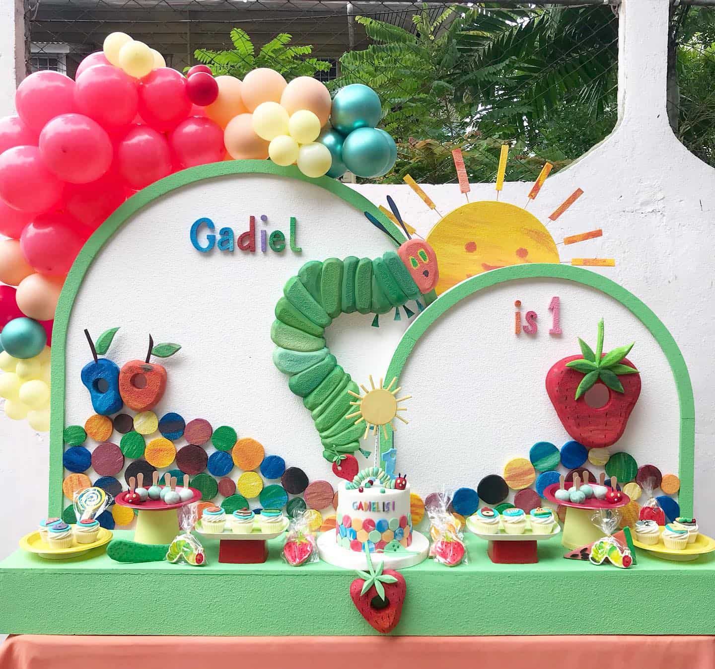Very Hungry Caterpillar Dessert Table with Balloon Garland