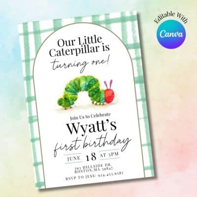 Gingham Very Hungry Caterpillar Birthday Invitation - Canva Template