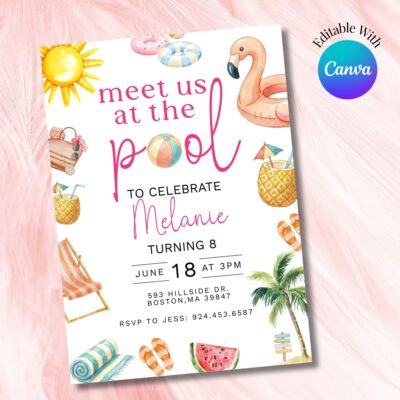 Kids Pool Party Invitation - Editable Canva Template