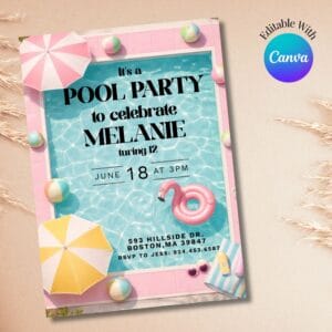 Pool Party Invitation Editable Template for Summer Birthday