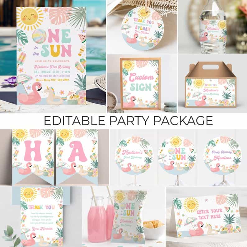 Sunshine and Flamingo Pool Party Printable Decoration Set
