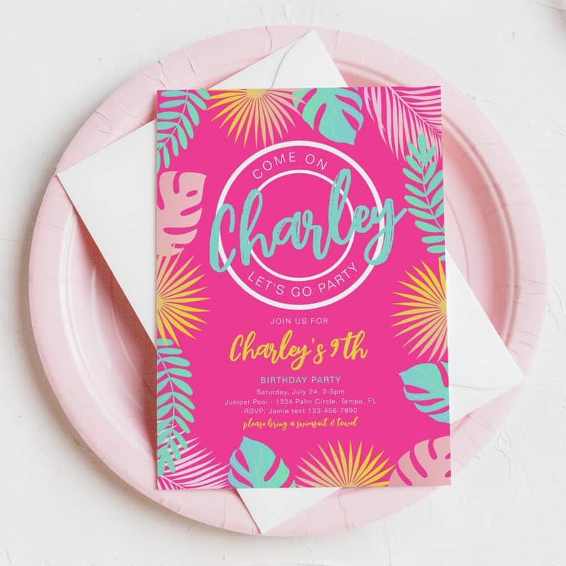 Tropical Pink and Turquoise Pool Party Invitation
