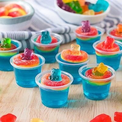 Blue Jello Cups with Gummy Bears Swimming on Top