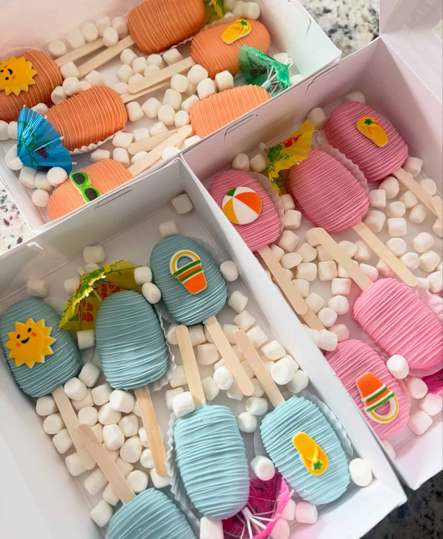 Pool Float Chocolate Covered Marshmallow Pops with Edible Toppers