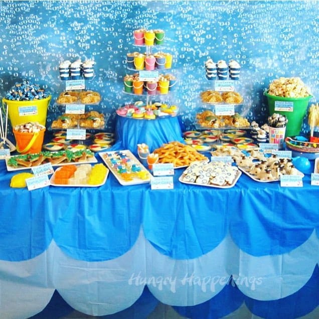 Blue Wave Dessert Table with Pool-Themed Snacks and Treats