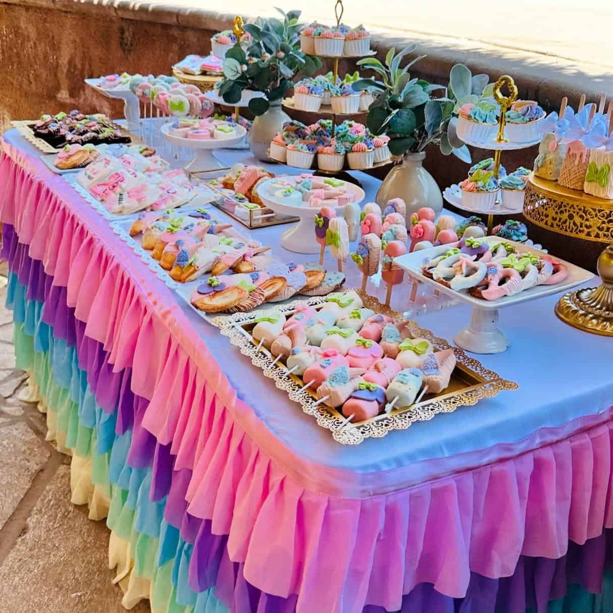 Rainbow Tulle Table Skirt with Pastel Dessert Spread
